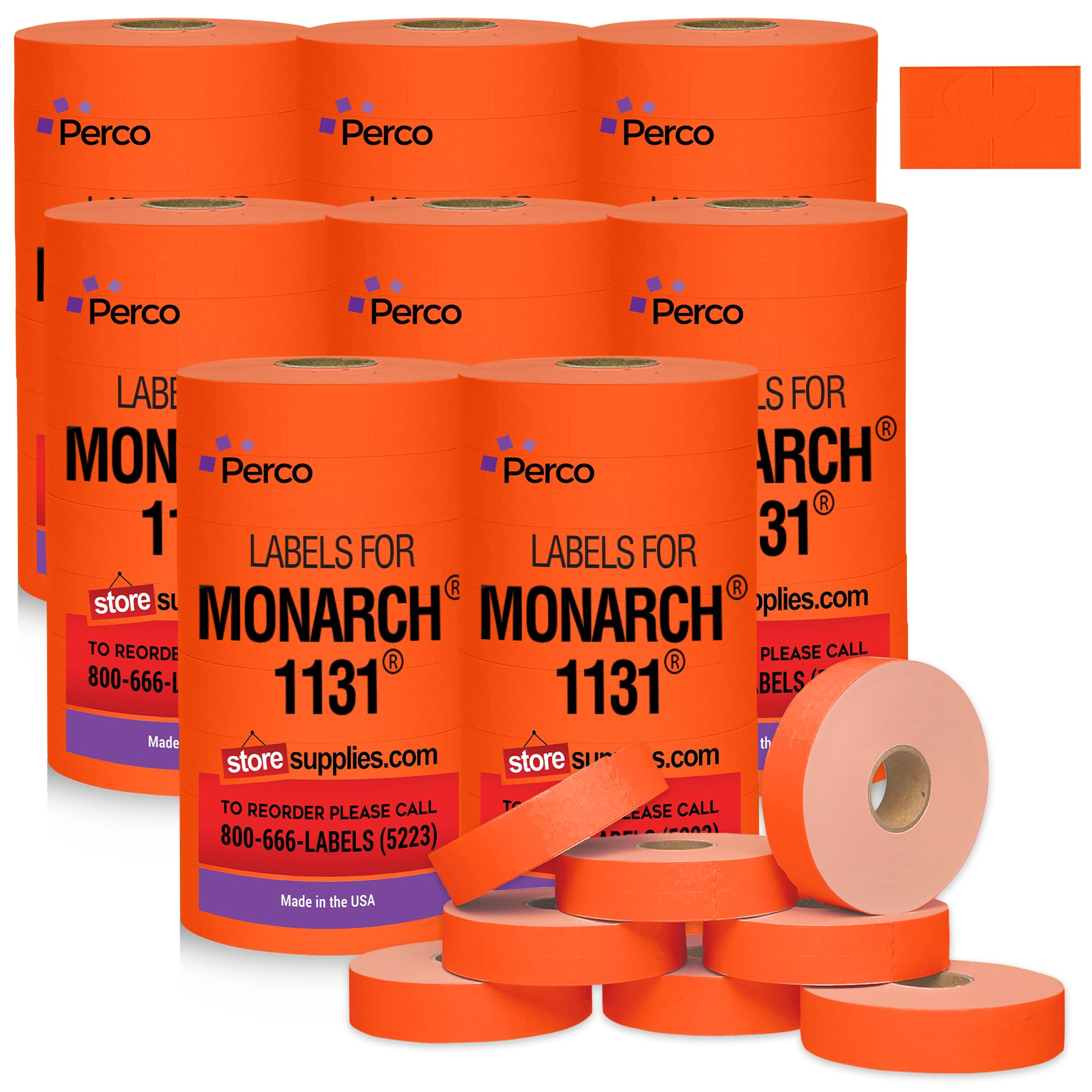 Photo 1 of Perco Fluorescent Red Pricing Labels for Monarch 1131 Price Gun – 8 Sleeves, 64 Rolls Value Pack - 160,000 Price Marking Labels – with Ink Rolls Included