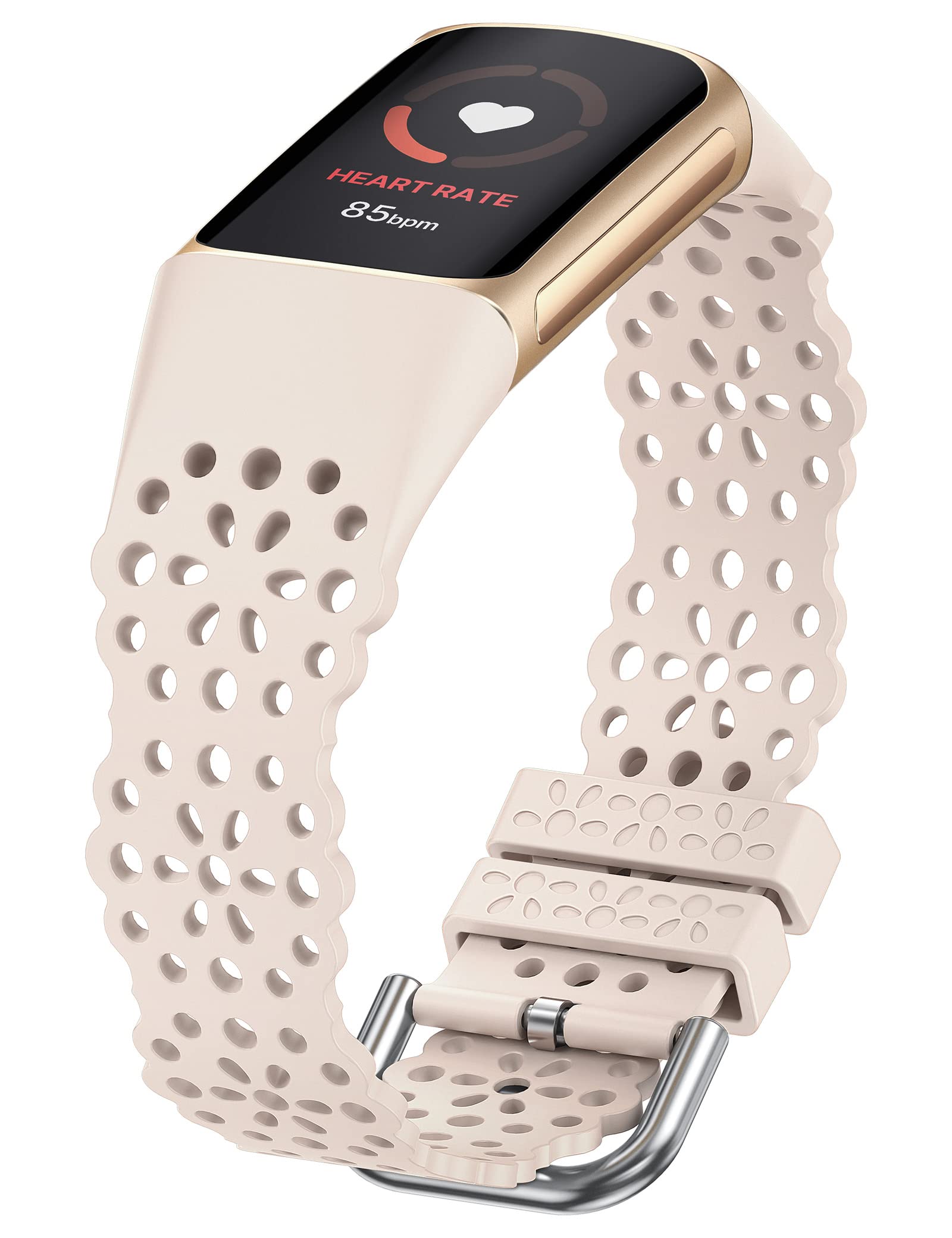 TOYOUTHS Lace Silicone Compatible With Fitbit Charge 5/6, Women Slim Cute Hollow-Out Sport Replacement Strap, Breathable Waterproof Soft Wristband, Starlight