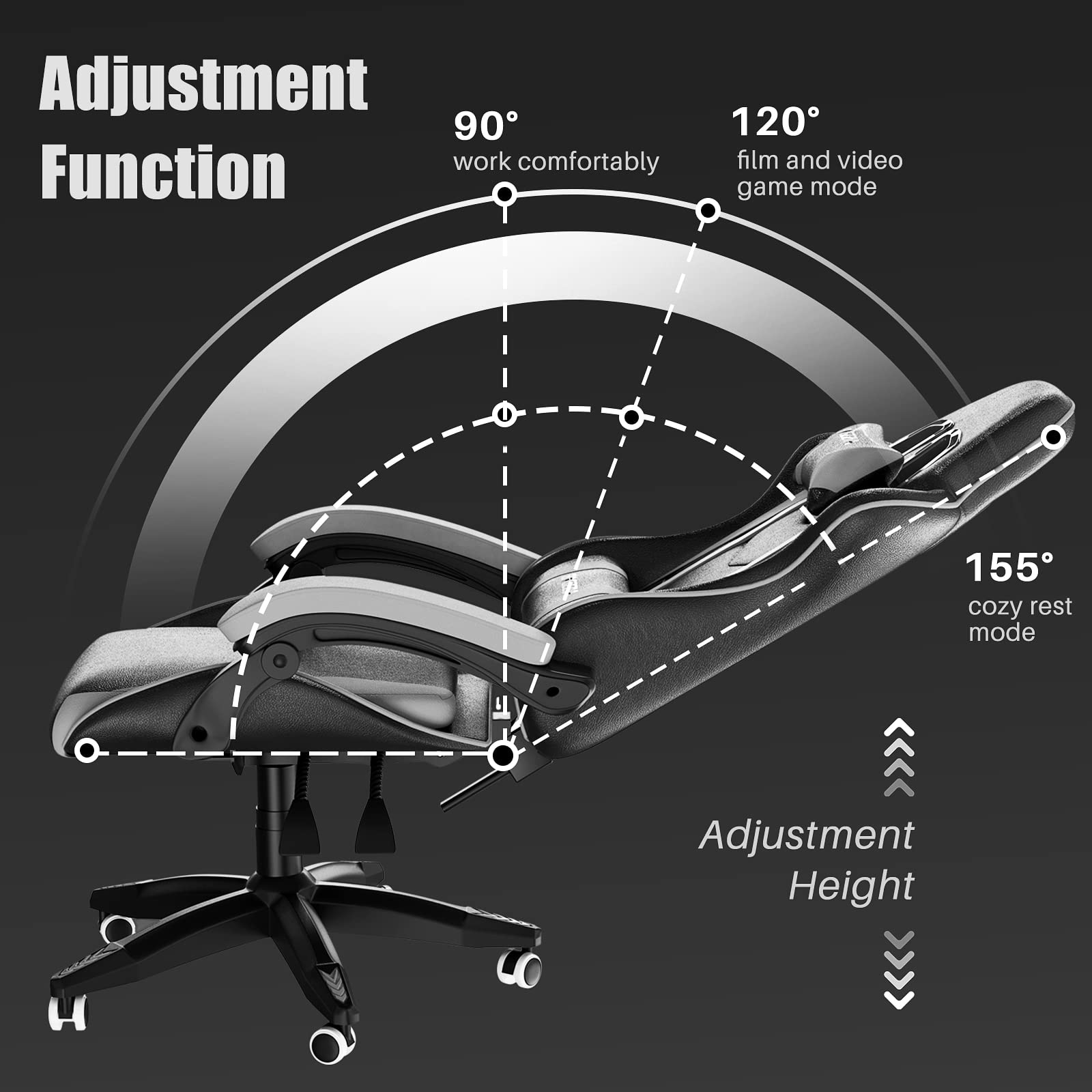 bigzzia Gaming Stuhl Ergonomisch Gaming Chair mit Lendenkissen und Kopfstütze, Gamer Stuhl Höhenverstellbar, Pc Stuhl für Erwachsene Mädchen Junge, Schwarz-weiß 7