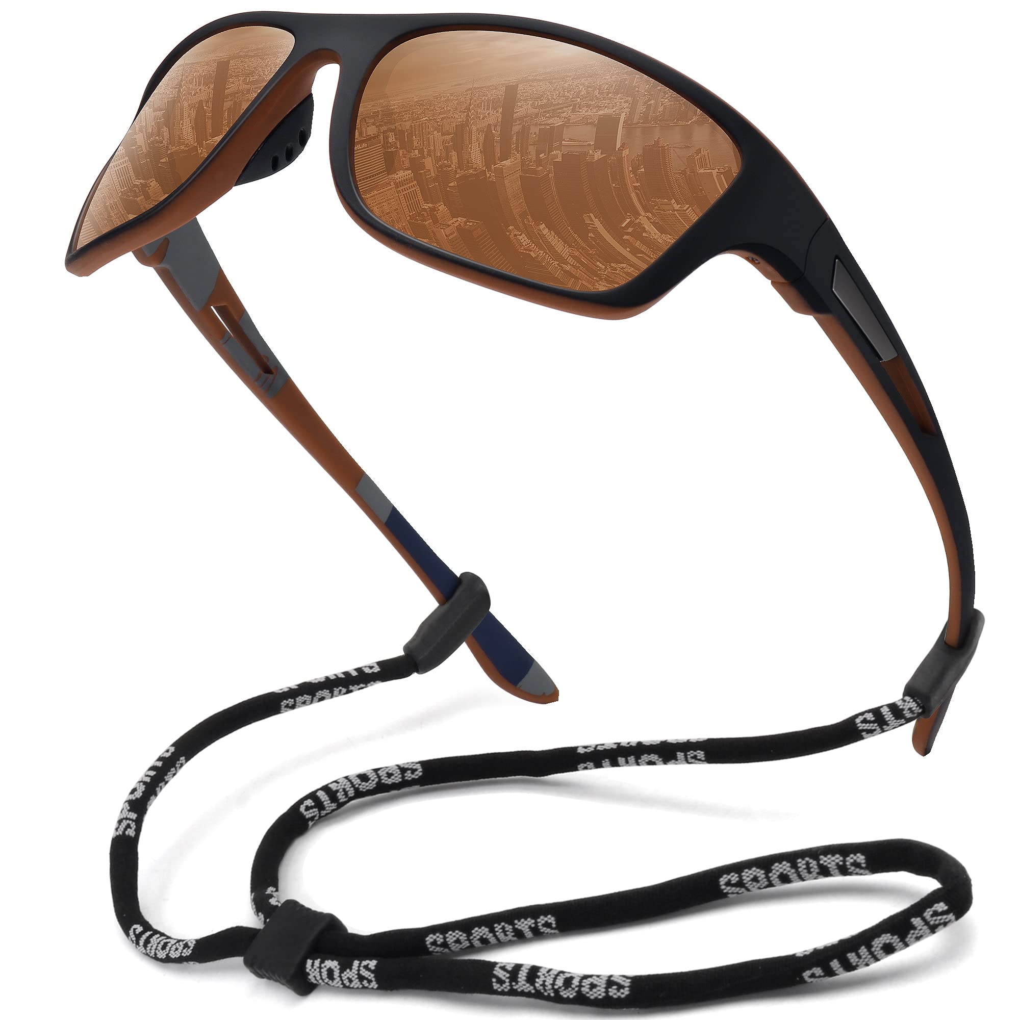 MEETSUN Polarized Sports Sunglasses for Men Fishing Cycling Baseball Running and Driving UV400 Protection Black Frame-Brown Lens