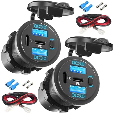 2PCS,Dual PD USB C Ports & Dual USB Quick Charge 3.0 Ports 12V USB Outlet with Switch, VANONE Waterproof and Dustproof Car Charger Socket, Accessories for Car Boat Marine Motorcycle RV ATV Golf Cart