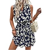 SOLY HUX Women's Summer Dress Printed Sleeveless V Neck Wrap A Line Flowy Belted Vacation Short Dresses