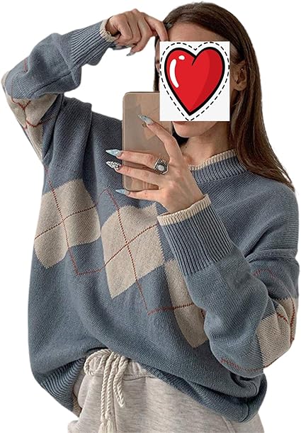 Amazon.com: Women's Y2K Argyle Plaid Sweater Long Sleeve Preppy Style Knitted Crop Pullover V 
