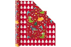 WERNNSAI Dinosaur Christmas Wrapping Paper - 1 Roll 43cm x 10m Kids Christmas Wrapping Paper Red Christmas Wrap for Kids Xmas