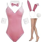 GUKULIVEL Womens Bunny Costume Girl Bodysuit Halloween Role Play Bunny Outfit with Ear Collar Bow Tie Cuffs Stockings