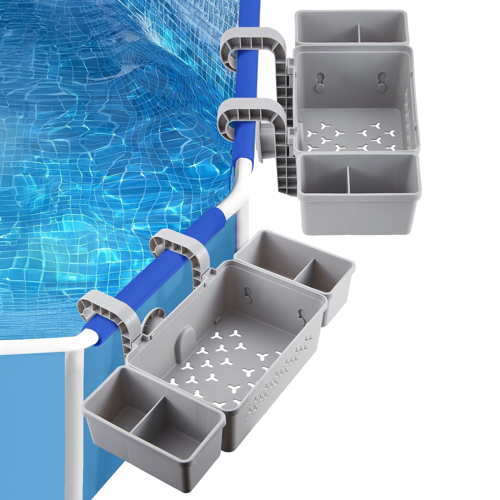 Photo 1 of ?2025 Upgrade?2 Pack Poolside Storage Basket, Above Ground Pool Accessories, Swimmming Pool Basket with 2 Cup Holder, Pool Storage Bin to Organize Cup Towel for Most Above Pool (Gray)