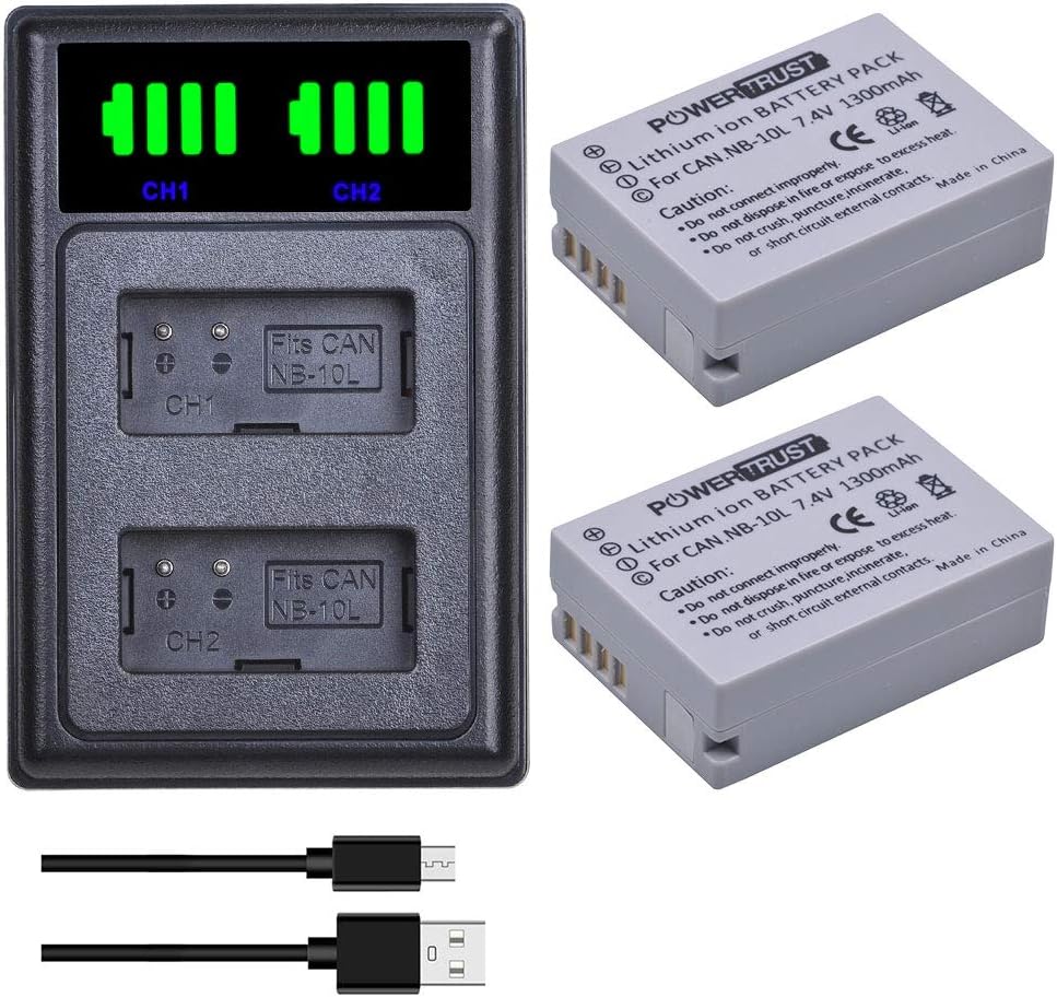 PowerTrust 2Pcs 1300mAh NB-10L Battery + NB 10L Battery LED Dual Charger with USB and type-C port for Canon G1X G15 G16 SX40HS SX50HS SX60HS SX40 SX50 Cameras