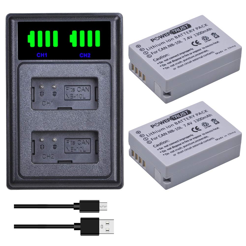 PowerTrust 2Pcs 1300mAh NB-10L Batteries with LED Dual Charger for Canon SX60 HS, SX40 HS, SX50 HS, G3 X, G1 X, G16, G15