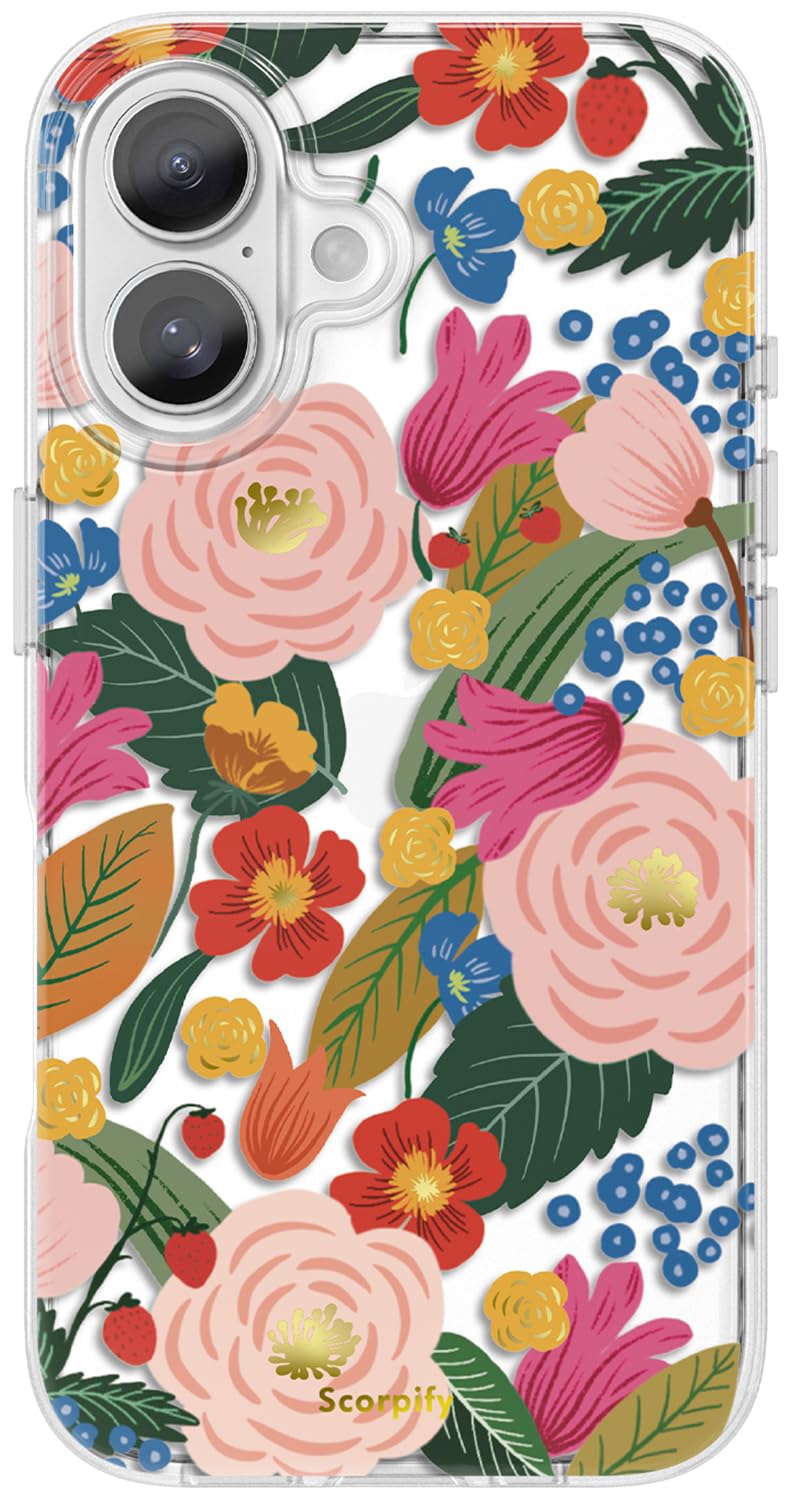 SCORPIFY for iPhone 16 Case with Camellia Blossom Floral Design, Cute Clear Flower Phone Cover for Women Girls, [Non Yellowing] Slim Shockproof Bumper with Gold Accents
