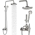 Airuida Brushed Nickel Shower Fixture 8 Inch Rain Shower Head Exposed Pipe Shower System Single handle Dual Functions Shower Faucet Combo Unit Set Adjustable Shower Head Bar Modern