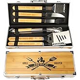 BBQ Accessories Grill Tools Set, Wooden Grilling Accessories Gifts for Men, Grill Set Heavy Duty Stainless Steel for Outdoor with Spatula, Tongs Aluminum Case, Christmas Grilling Gifts for Dad