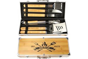 MEGAPUXIN BBQ Accessories Grill Tools Set, Wooden Grilling Accessories Gifts for Men, Grill Set Heavy Duty Stainless Steel for Outdoor with Spatula, Tongs Aluminum Case, Christmas Grilling Gifts for Dad