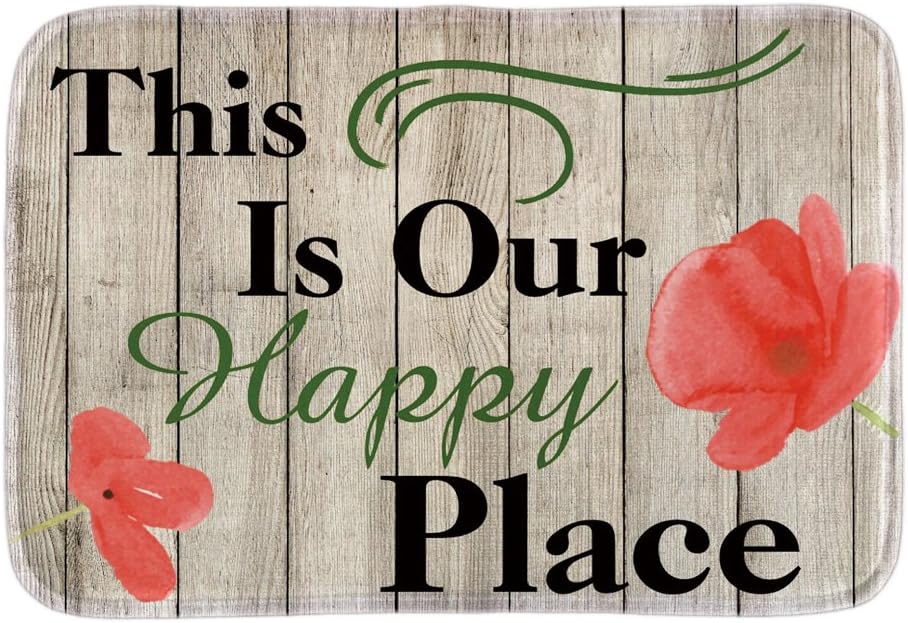 Delicate Doormats Print With This Is Our Happy Place Home Entrance Beautiful Flowers Decor Door Mats Indoor Outdoor Bathroom Floor Mats Soft Lightness Short Plush Fabric 18"X30"Inch