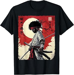 Afro American Samurai Anime Cartoon Japanese Bushido Warrior T-Shirt