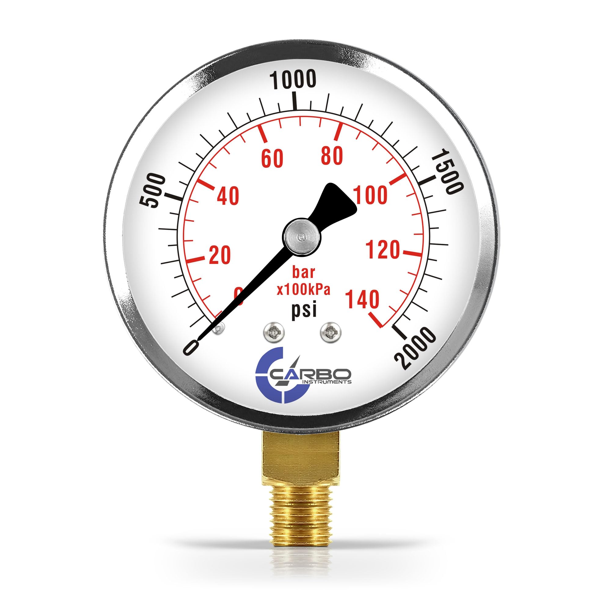CARBO Instruments 2-1/2" Pressure Gauge, Chrome Plated Steel Case, Dry, 0-2000 psi/kPa, Lower Mount 1/4" NPT