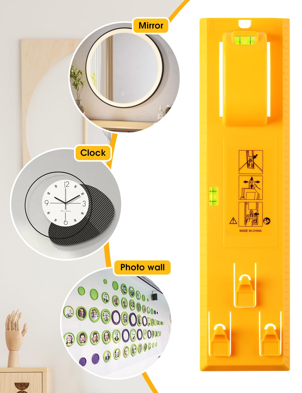 Stalishare Picture Hanging Tool with Level, Goodsnova Photo Frame Hanging Tool for Easy Marking Position, Wall Hanger Helper Guide for Photo/ Art/ Painting Frame (Plastic, Yellow)
