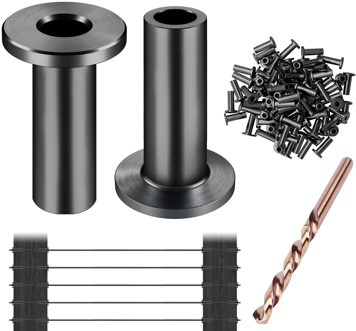 Photo 1 of CKE 100 Pack T316 Black Stainless Steel Protector Sleeves for 1/8" Cable Deck Railing Kit System, Black Cable Railing Protector Sleeve for Wood Posts for 1/8" Wire Rope Cable DIY Balustrade, BCR01