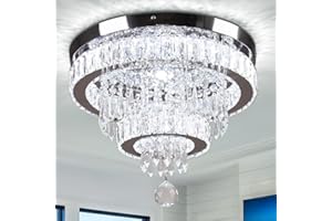 Finktonglan 15.7" Modern Crystal Chandelier 2 Rings Crystal Ceiling Light Fixture Stainless Steel Semi-Flush Mount Ceiling Li