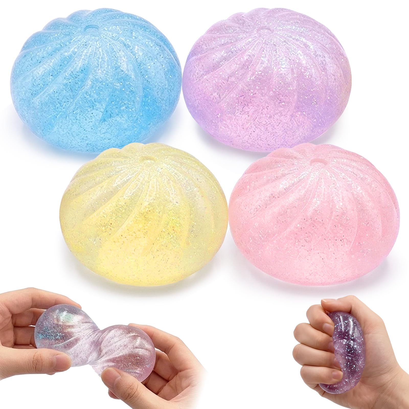 Glitter Dumpling Squishy Toys, 4Pcs Mystery Dumplings Squishy, Squishy Fidget Toys for Anxiety Stress Relief, Cute Squishies Dumplings Stress Balls for Adults Kids, Novelty Easter Gifts