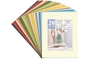 Golden State Art, Pack of 20 Mixed Colors 11x14 Picture Mats Matting with White Core Bevel Cut for 8x10 Pictures