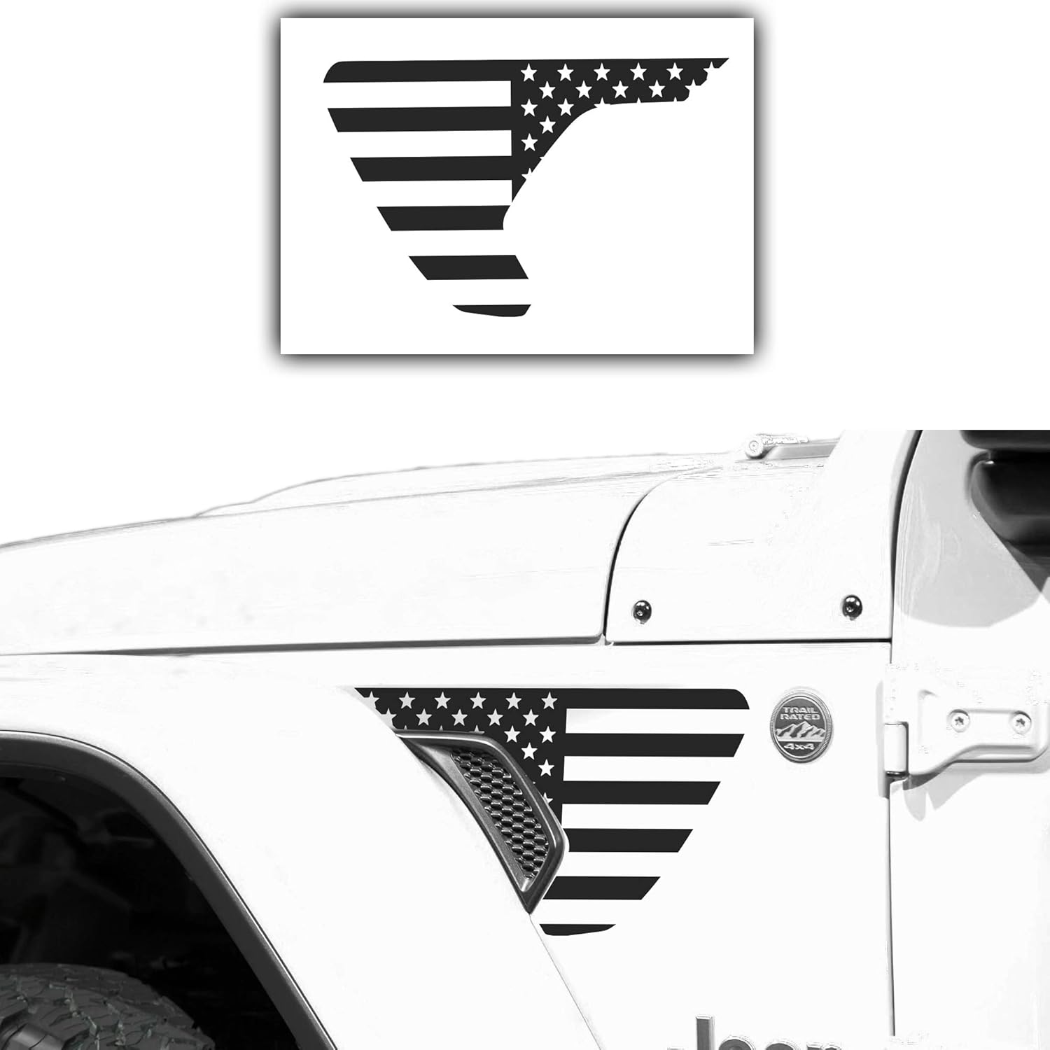 Bogar Tech Designs - Precut Side Fender Vent American Flag Vinyl Decal Compatible with Jeep Wrangler JL 2018-2020 and Gladiator 2020, Matte Black