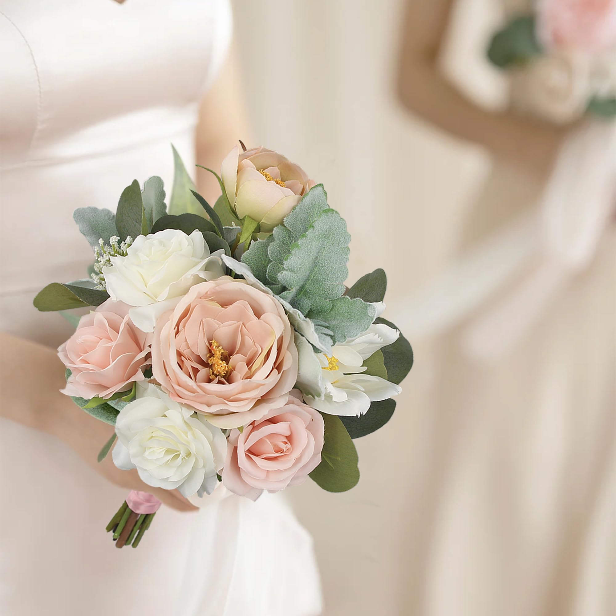 Photo 1 of Rinlong 2Pcs Wedding Bouquets for Bridesmaids Pink Bridesmaid Artificial Flowers Bouquet for Wedding Ceremony