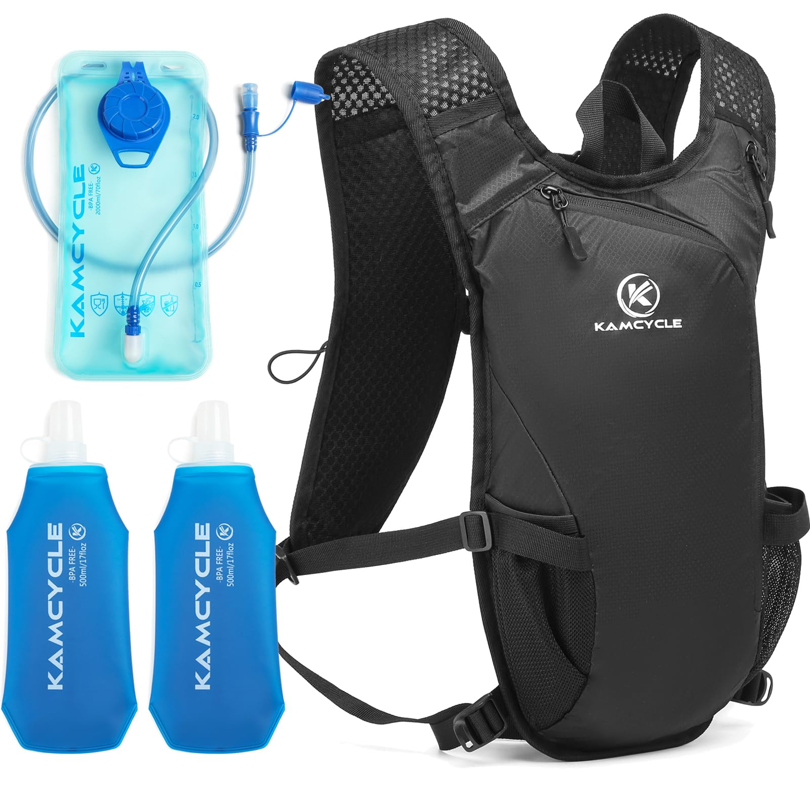 KAMCYCLIE Hydration Pack Backpack with 2L BPA Free Water Bladder and 2pcs Soft Flask ,Running vest backpack Hydration vest for Cycling Running Hiking Climbing Camping Racing skiing