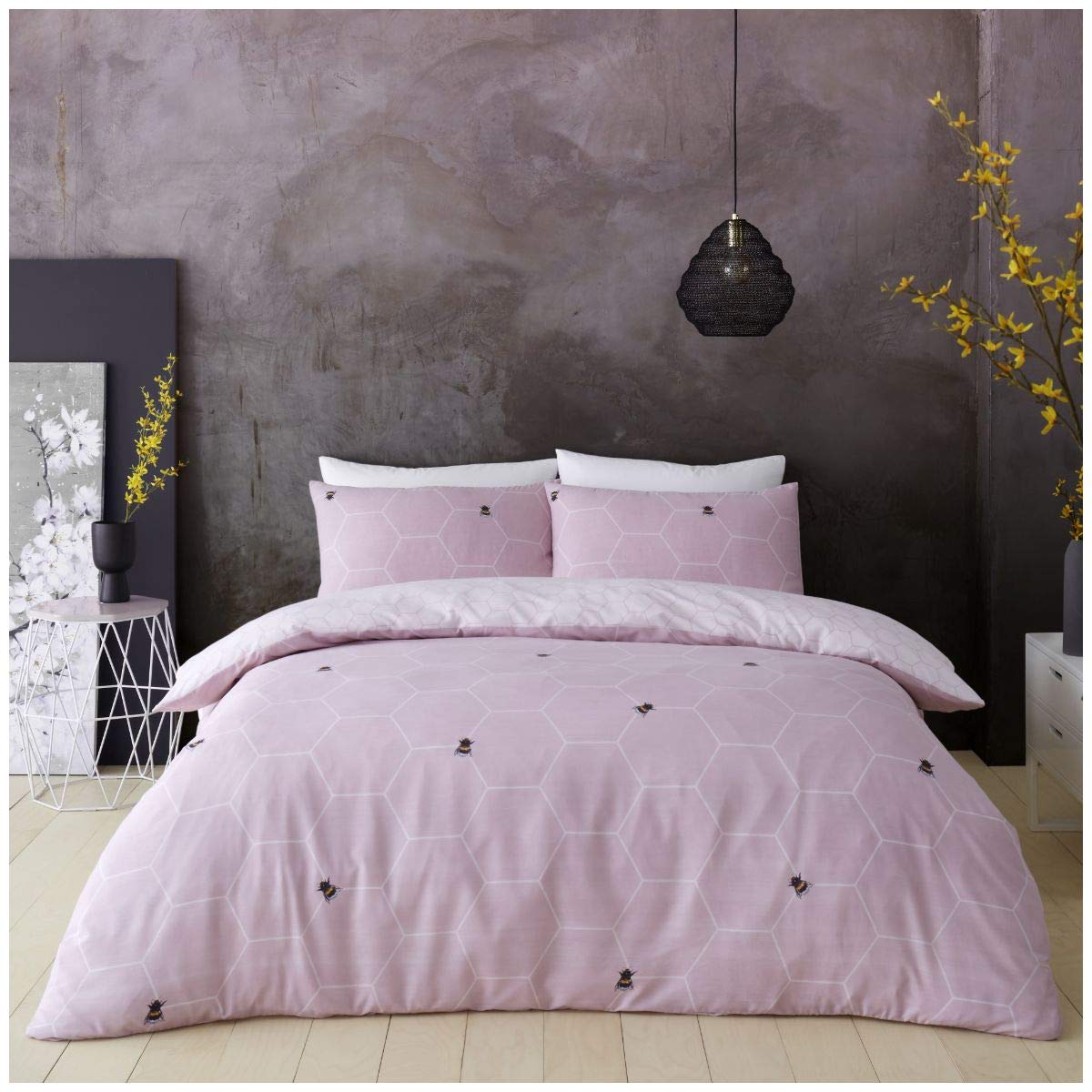 GC GAVENO CAVAILIA Reversible Printed Duvet Cover, Easy Care Quilt Set, Soft Cosy Bedding, Polycotton, BEE Happy-Blush Pink, Single