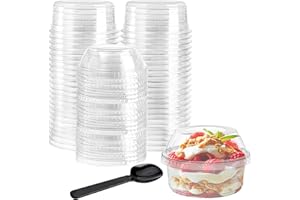 WUWEOT 50 Pack Plastic Dessert Cups, 10 oz Clear PET Dessert Bowls, Re-usable Parfait Cups with Lid (No Hole) for Ice Cream F