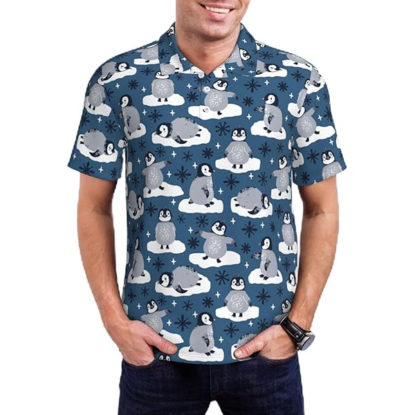Mosytuky Snow Penguin Print Golf Shirts for Men Dry Fit