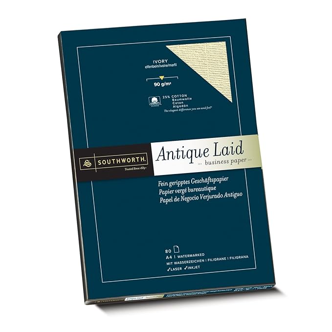 Southworth 90080 Fein geripptes Papier mit 25% Baumwolle, DIN A4, elfenbein, mit Wasserzeichen 90g/qm, 80 Blatt im Karton