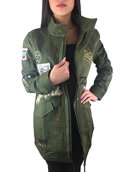 Worldclassca Damen Camouflage Parka Jacke MILITÄR GRÜN ÜBERGANGSJACKE Mantel Nieten Retro Blouson Army Parka LANG MIT REIßVER