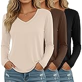 Ficerd 3 Pack Women's Long Sleeve Shirts, V Neck Cotton Blend Tops Loose Fit Casual T-Shirts Curved Hem Basic Layering Tees