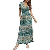 CATHY Women Short Sleeve Deep V-Neck Casual Long Dress Sexy Pleated Waist Maxi Dresses with Pockets