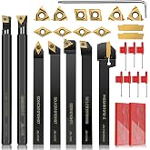 Indexable Lathe Turning Tool 21Pcs Kit 3/8'' 10mm Shank 7Pcs Metal Lathe Tools Holder Set with 14Pcs Turning Inserts for Turning Grooving Threading Boring Carbide Inserts Carbide Turning Tool