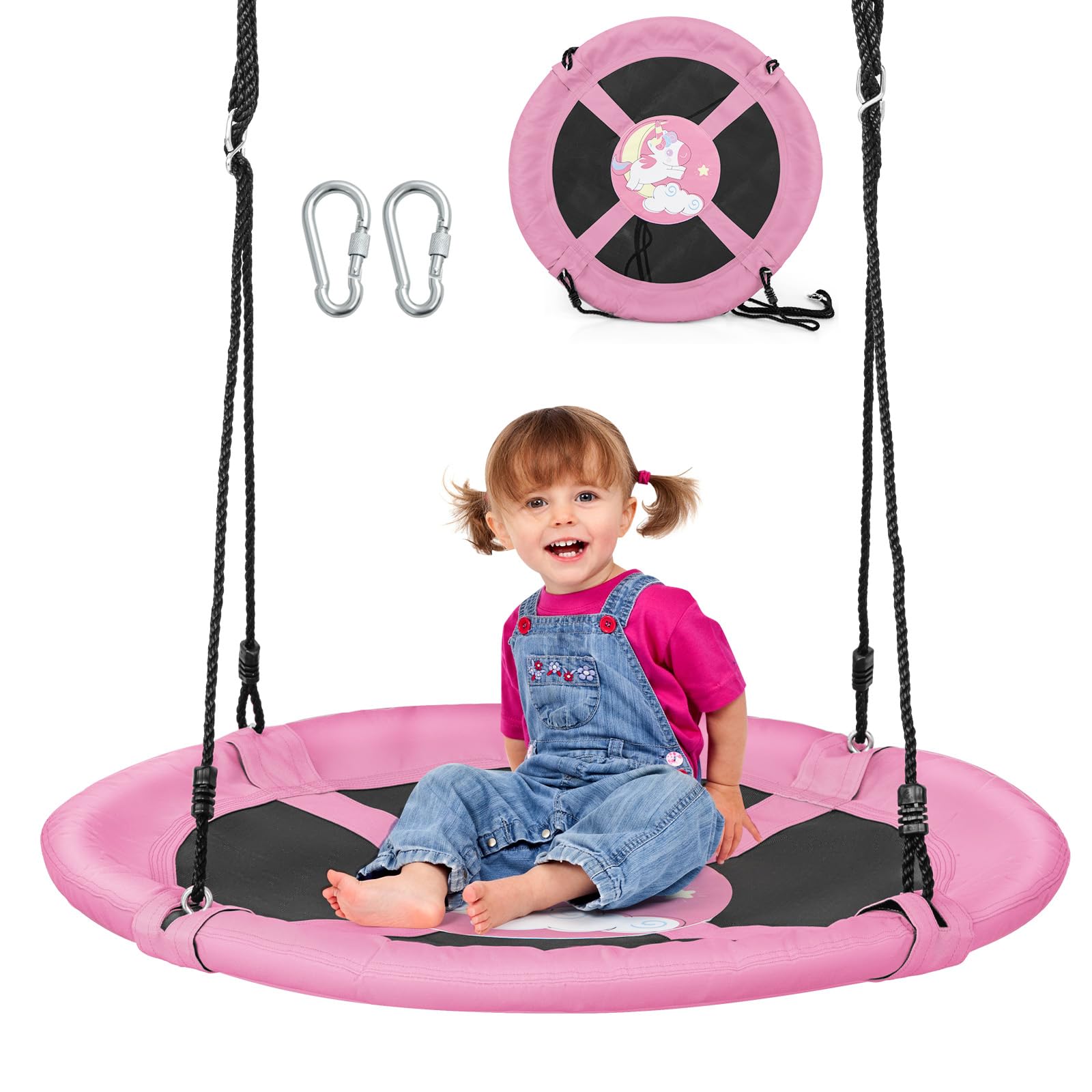 Costzon 40” Saucer Tree Swing for Kids, Flying Saucer Swing with 2 Carabiners, Adjustable Ropes, Waterproof 900D Oxford Cloth, Round Swing for Outdoor Playground, Backyard (Pink Unicorn) Image