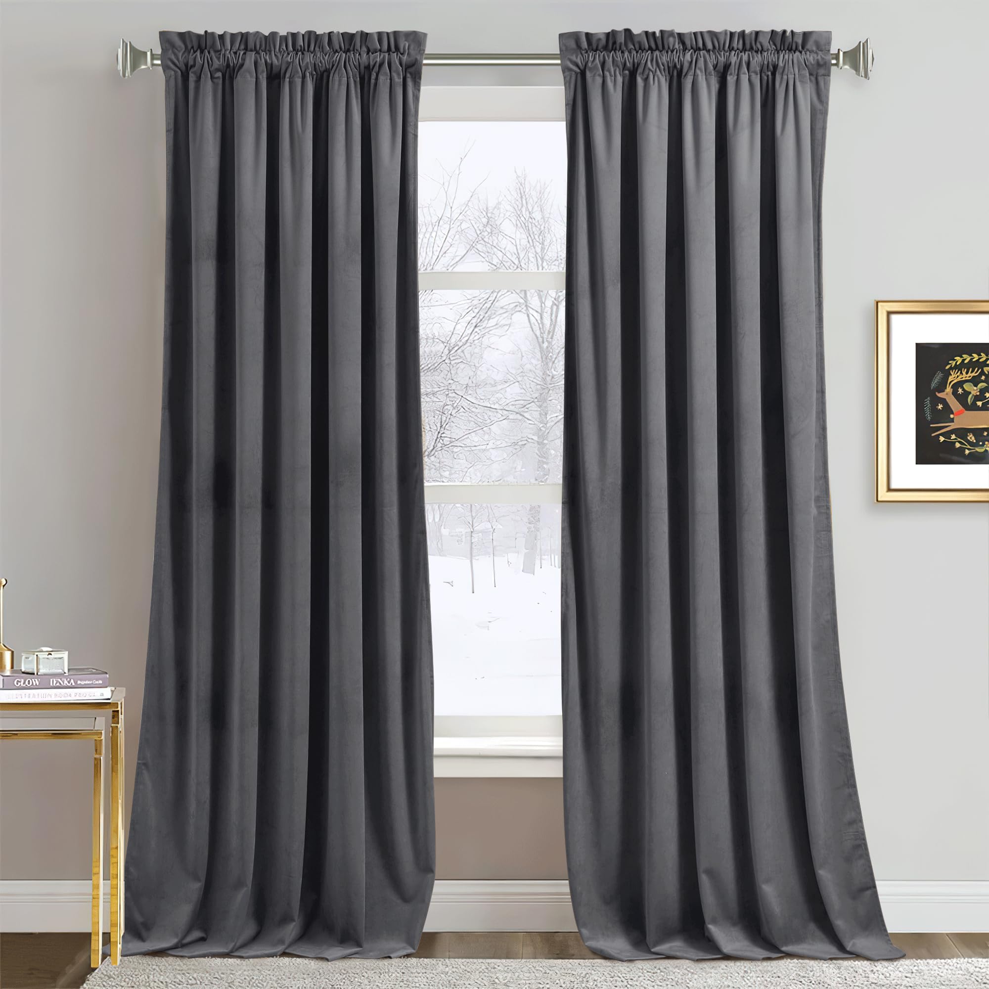 RYB HOME Grey Velvet Curtains 102 inches, Rod Pocket Soft Fabric Room Darkening Thermal Insulated Luxurious Home Decor Curtains for Living Room Bedroom, W 52" x L 102", 2 Panels Set Image