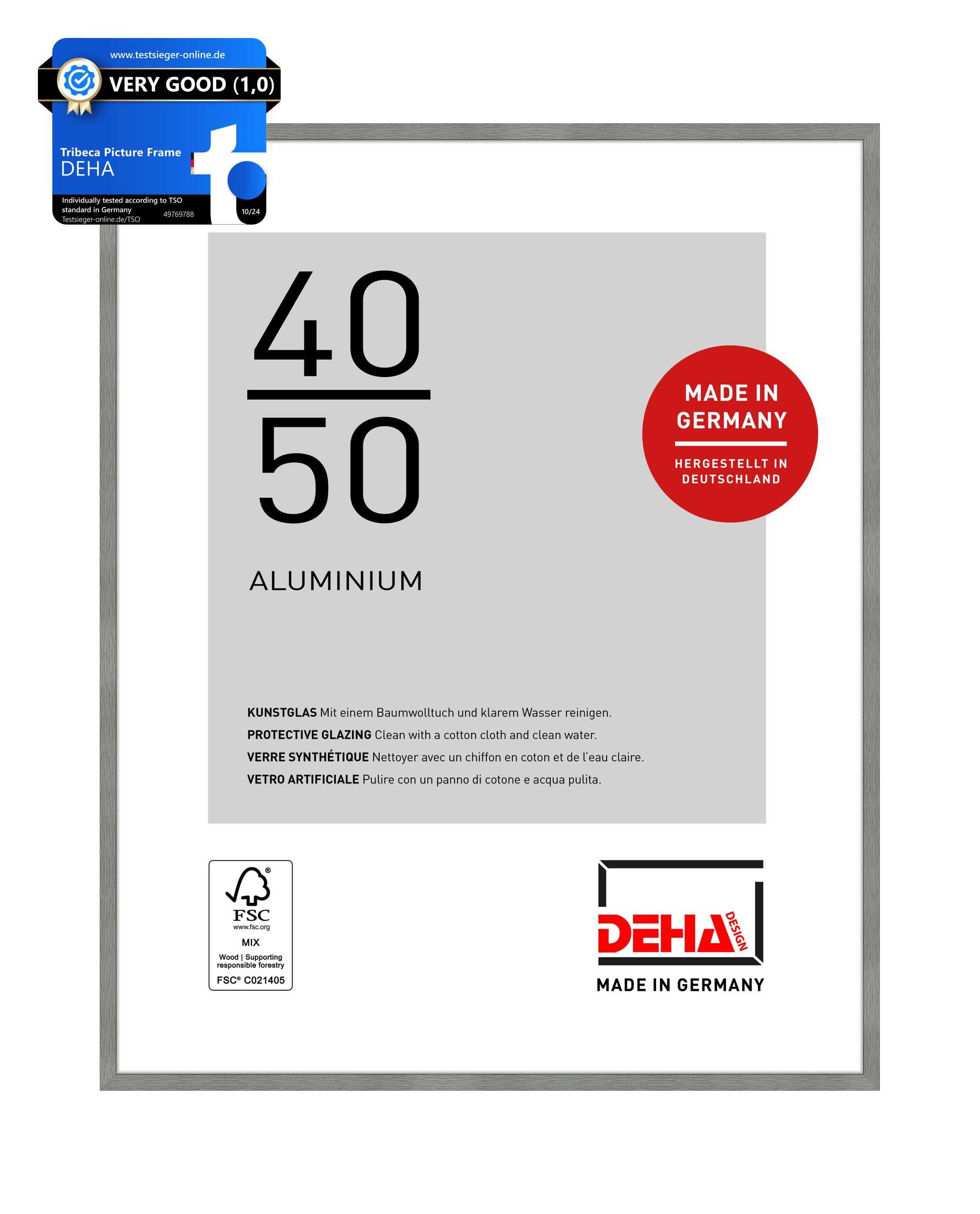 DEHA Design Tribeca Aluminium Picture Frame - 40x50 cm – Brushed Grey - with Synthetic Glass and Push/Turn Clips