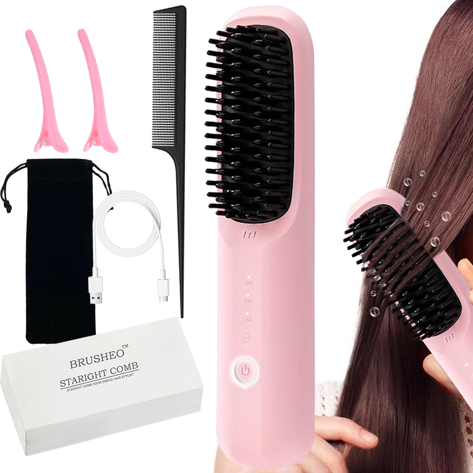 Photo 1 of Carbeneat Brusheo Hair Pro Cordless Hair Straightener Brush for Women, Ceramic Heater Surface, 3 Mode Settings, Travel Size, Pink (7.87 inches x 1.77 inches)