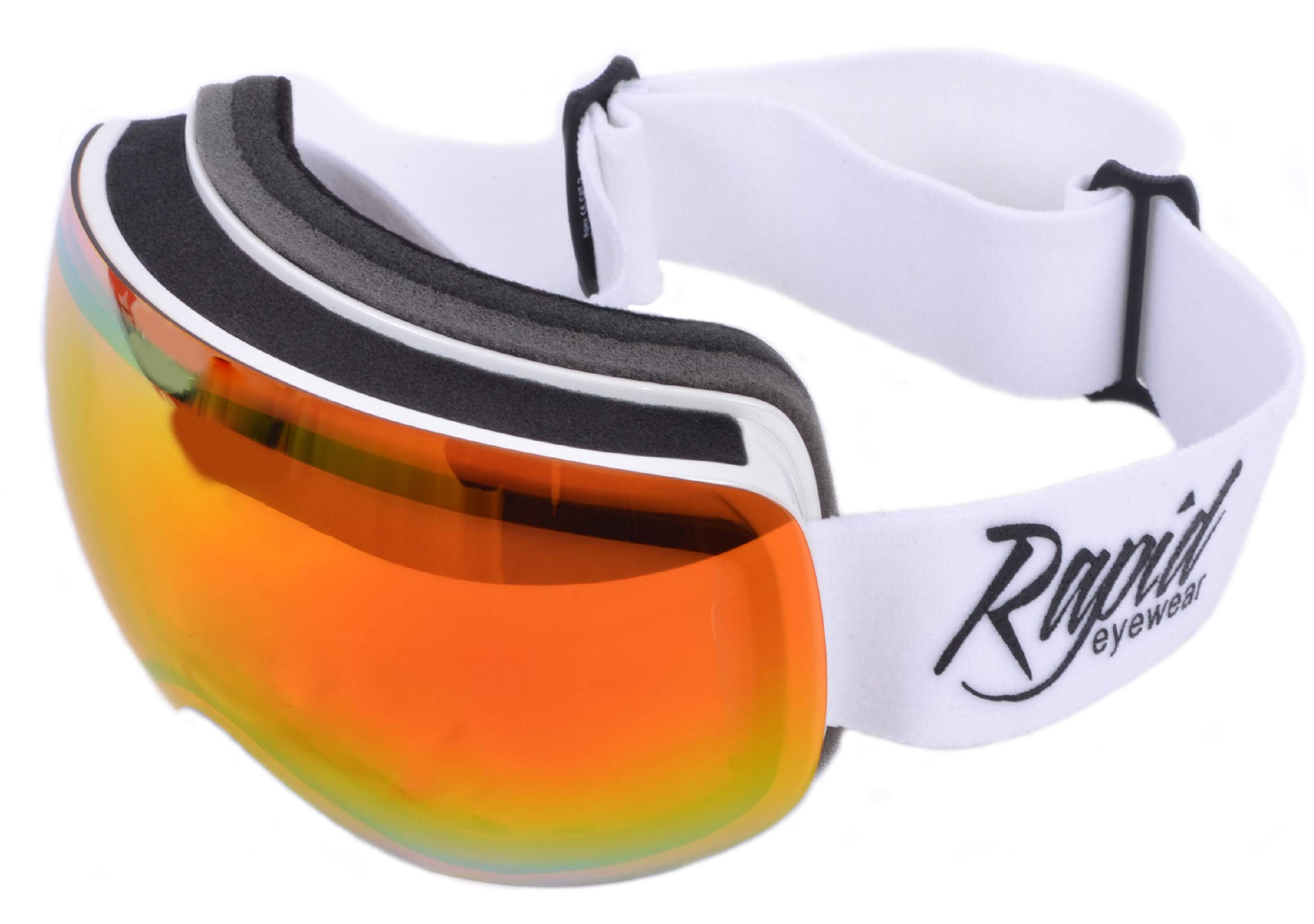 Rapid Eyewear White Snow SKI GOGGLES FOR GLASSES WEARERS With Rx Optical Insert. Mens and Womens Adult Size. Spherical Rimless Anti Fog Frame. Also for Snowboard & Climbing