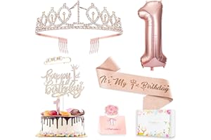 AWFRKY 1st Birthday Decorations for Baby Girls, Including 1 year old Birthday Cake Topper, Queen Sash with Pearl Pin, Sweet Rhinestone Tiara Crown, Number Candles and Balloons
