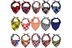 Lee-buty 15pcs Dog Bandanas, Dog Scarf Kerchief Dog Bibs Washable Girl Boy Dog Bandanas Set Cotton Checkered Pet Dog Bandanas