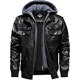 HOOD CREW Men's Faux Leather Hooded Jacket Motorcycle Jackets Water Repellent Windproof PU Moto Vintage Bomber Hoodie Coats