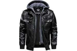 HOOD CREW Men's Faux Leather Hooded Jacket Motorcycle Jackets Water Repellent Windproof PU Moto Vintage Bomber Hoodie Coats
