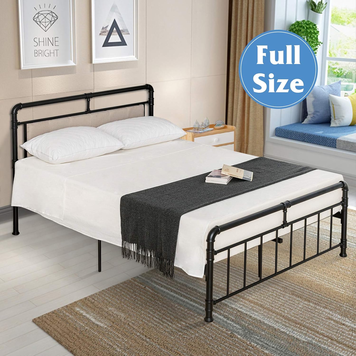 Topvendor Sturdy Metal Bed Frame Platform with Vintage Headboard and Footboard