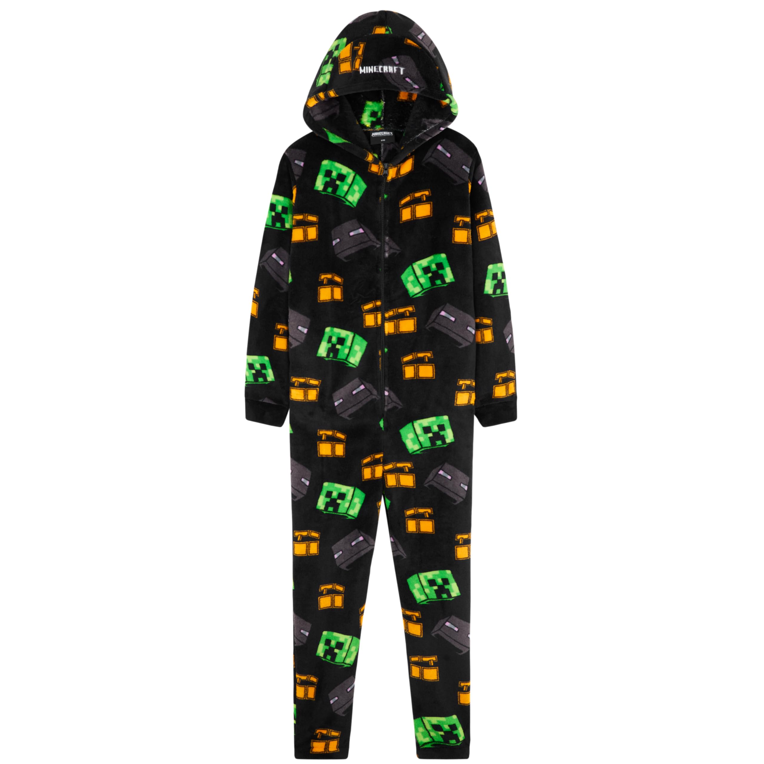 Minecraft Boys Fleece Hooded One-Piece Pajamas, Warm Fleece Hooded Loungewear Suit for Boys - Gifts for Gamers (Black/Multi, 7/8 Years) Image