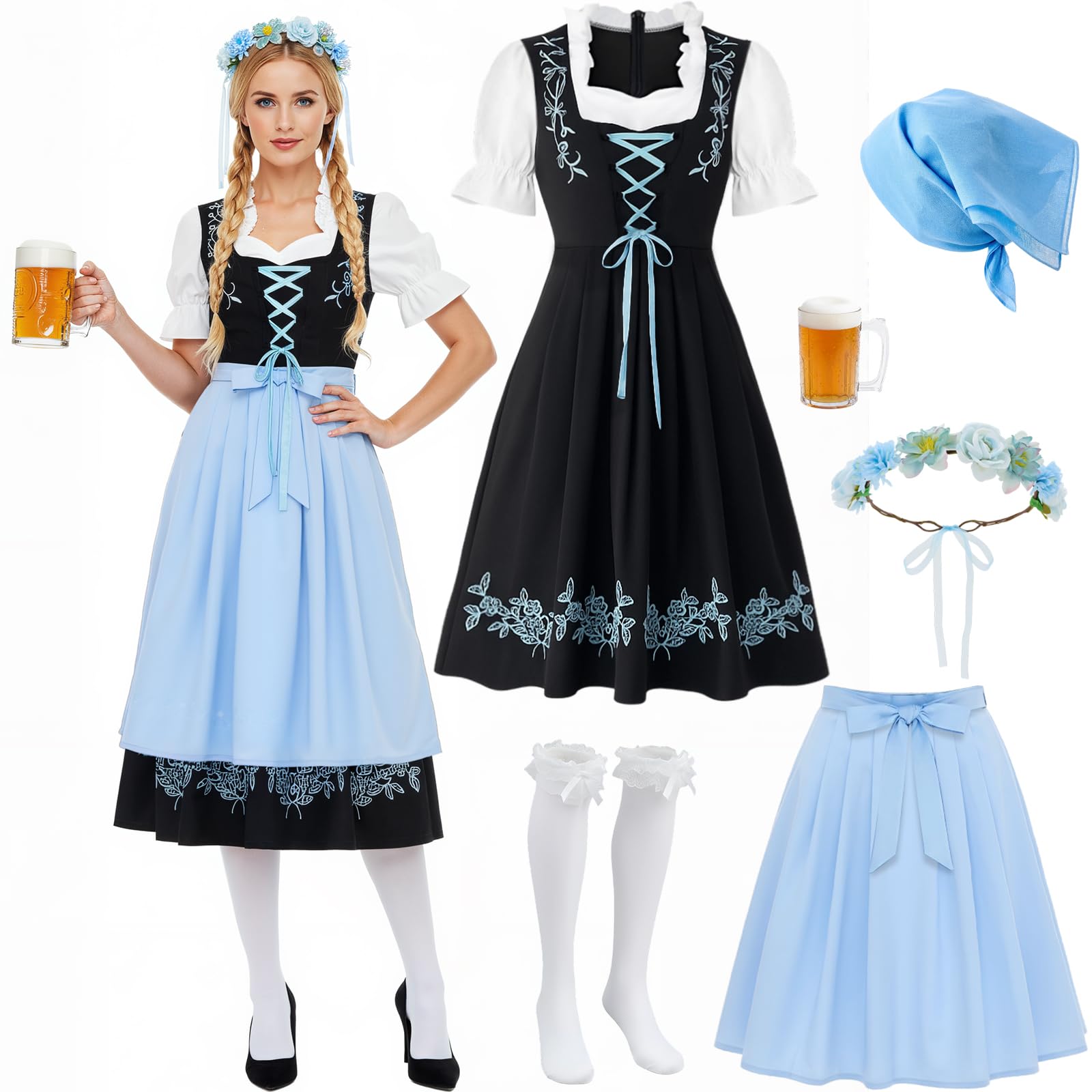 Photo 1 of Mepase 5 Pcs Womens Oktoberfest Costume, Blue Dirndl Dress Headpieces Scarf Beer Mug Stocking German Oktoberfest Outfits (M)