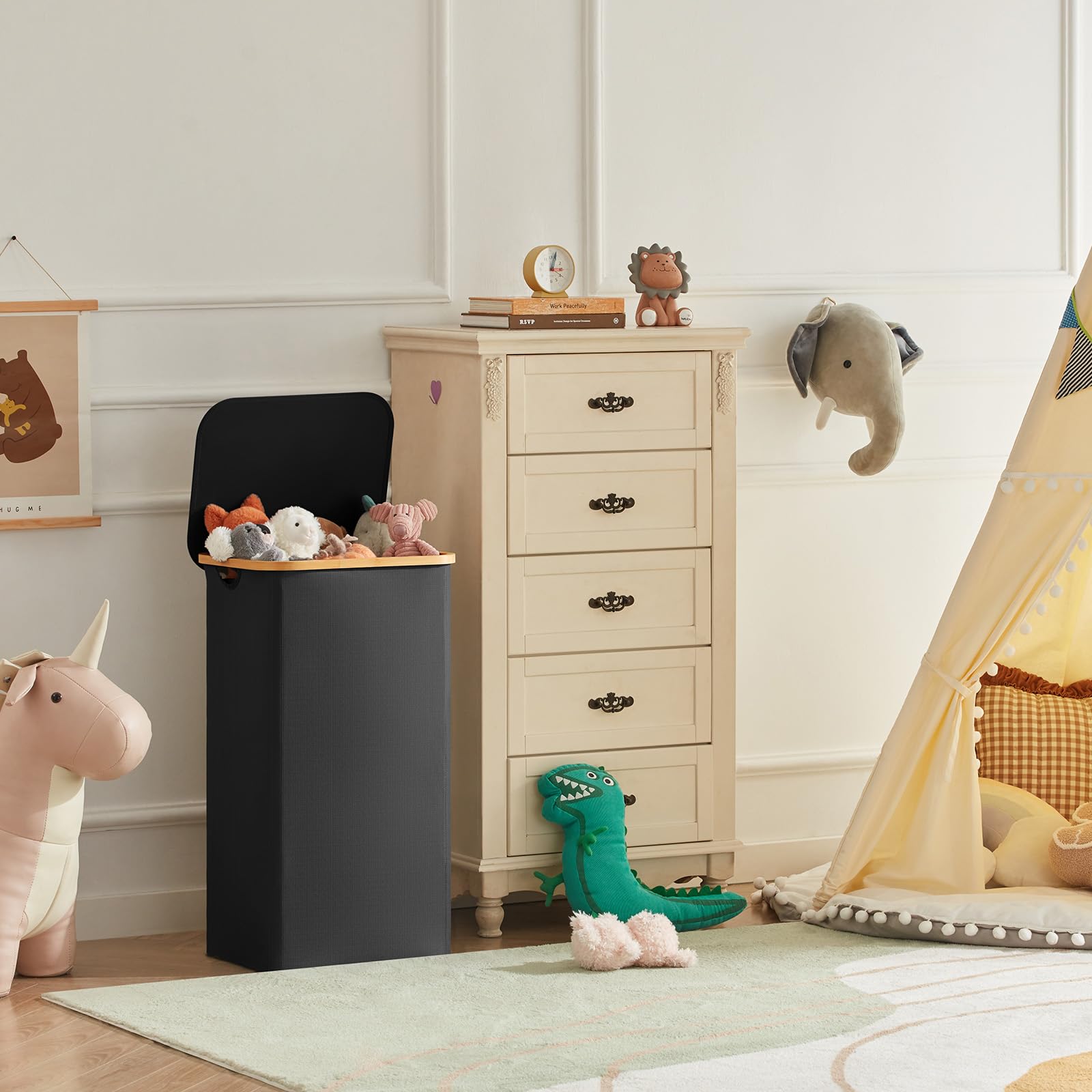 Lifewit 100L Wäschekorb mit Deckel, Wäschekörbe für Wäsche mit Bambus Griffe und Eine Abnehmbare Wäschesack, Große Faltbare Wäschekorb für Schlafzimmer, Bad, Schlafsaal, Waschküche, Schwarz 9