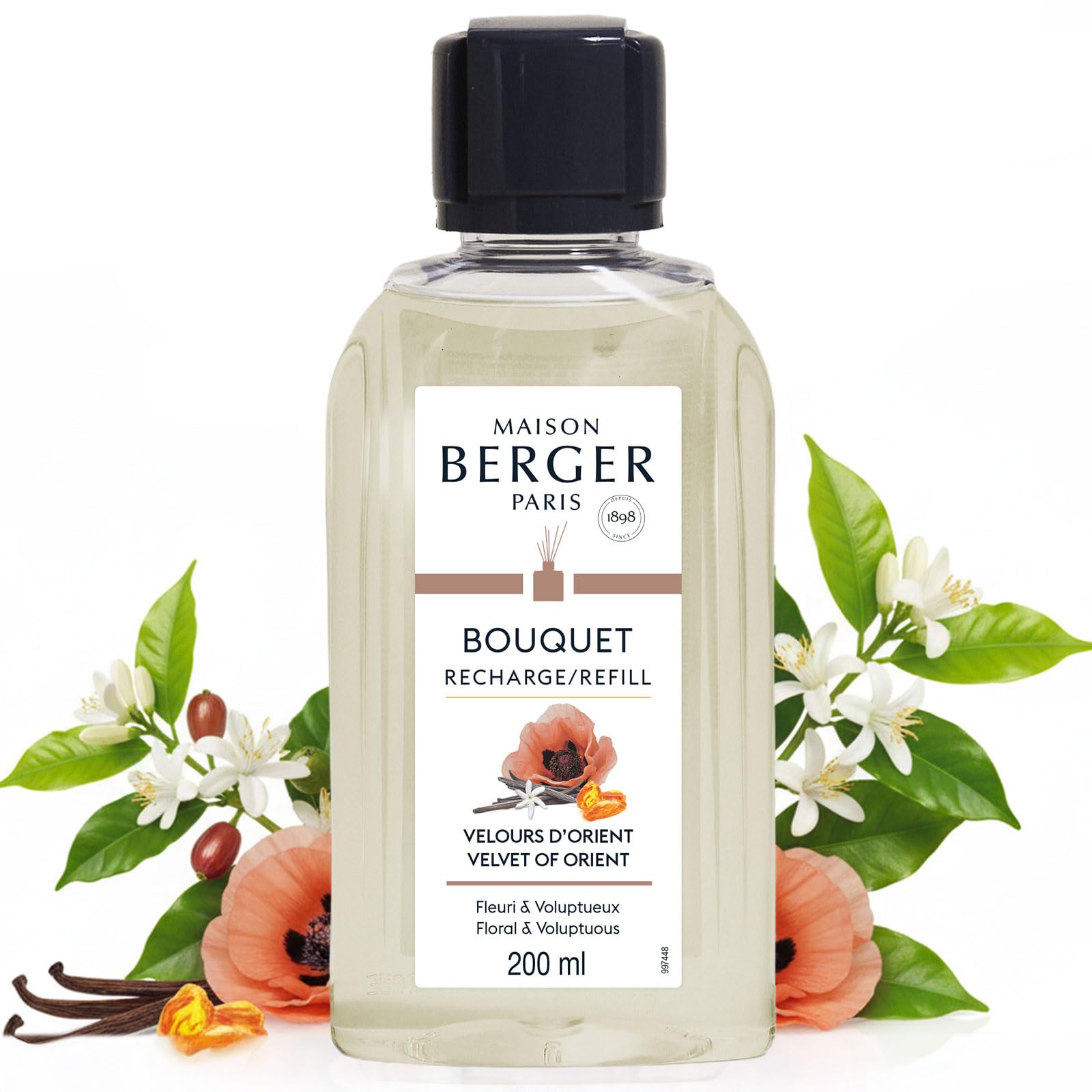 Maison Berger – Reed Diffuser Refill Velvet of Orient – Home Fragrance Refill for the Home 200 ml – Made in France – Long-Lasting, Gentle and Continuous Diffusion