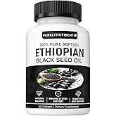 PURELYNUTRIENT Ethiopian Black Seed Oil Capsules, Pure Black Seed Oil Organic Cold Pressed with 4.64% Thymoquinone, Non-GMO, Gluten-Free, 60 Softgels